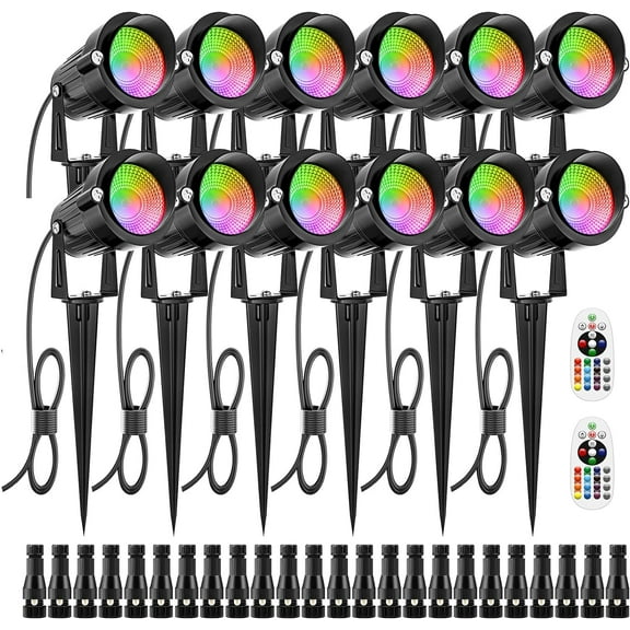 ZUCKEO 12W RGB Low Voltage Landscape Lights, LED Color Changing Lighting, IP66 Waterproof Outdoor Spotlight, 12V 24V Christmas Decorative Light for Yard Garden Path(12Pack)