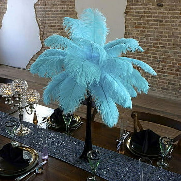 ZUCKER 24pcs 13-16" Ostrich Feather Centerpiece Set - 24" Eiffel Tower Vase Wedding Decorations Black and Light Turquoise (Blue)