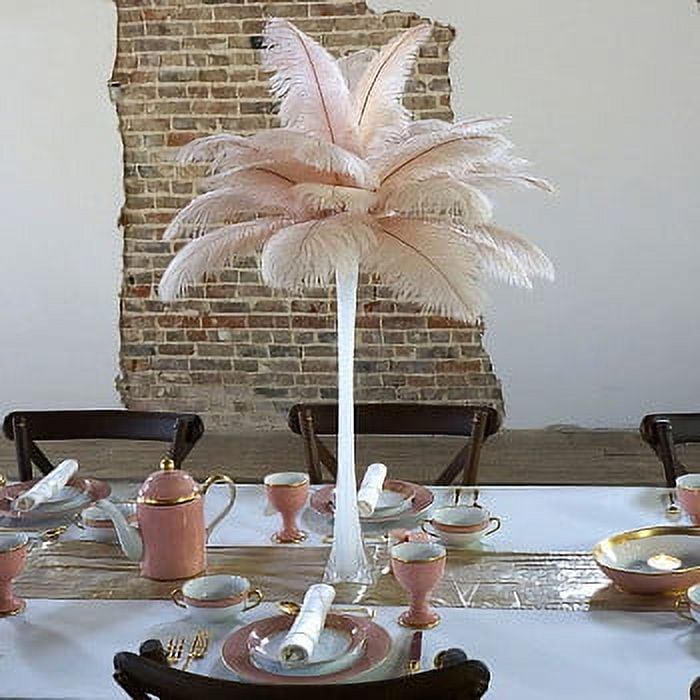 ZUCKER® 24pcs 13-16 Ostrich Feather Centerpiece Set - 24 Eiffel Tower Vase  Wedding Decorations White and Champagne (Light Pink) 
