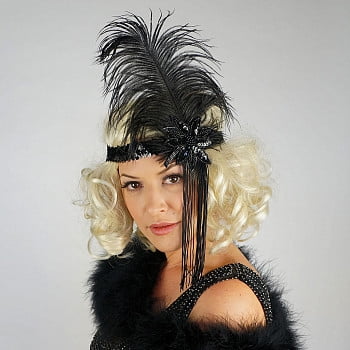 ZUCKER Flapper Headband w/Ostrich Feather and Tassel - 1920's Style Gatsby Headpiece Costume Hair Accessories (Black)