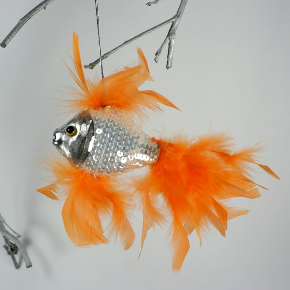 ZUCKER Large Orange Fish Christmas Ornament - Silver & Feather Holiday Birthday Home Decor