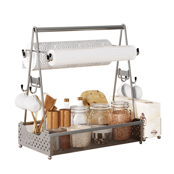 ZUDKSUY Plates, Cutlery and Condiment Bottles Organizer with Paper Towel Holder & Handle, Multi-Functional Silverware Storage with 4 Hooks, Caddy for BBQ, RV, Tabletop,Picnic, Camping (Sliver)