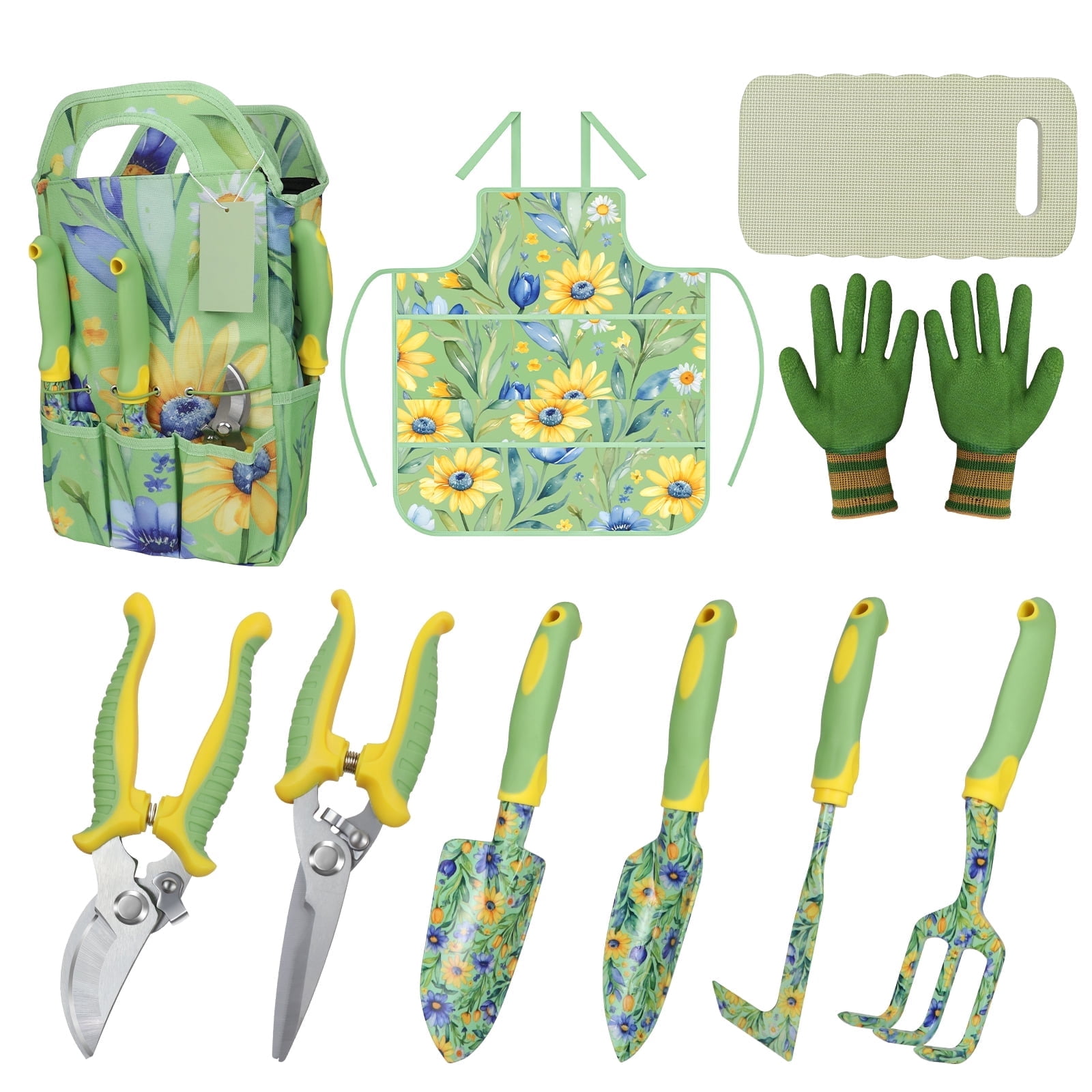 ZUEXT Green Garden Tool Sets 10-Piece, Heavy Duty Gardening Hand Tools with Non-Slip Ergonomic Handle, Flower Print Garden Tool Bag, Gardening Gifts for Women, Plant Lover Gifts for Mom Grandma