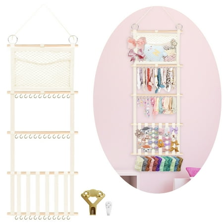 ZUEXT Headband Holder 52x17 inch, Hair Bow Organizer for Baby Girls, Beige Wall Hanging Wood Headband Organizers w/Storage Net, Hair Accessories Storage Hanger for Toddler Kids Nursery Room Decor