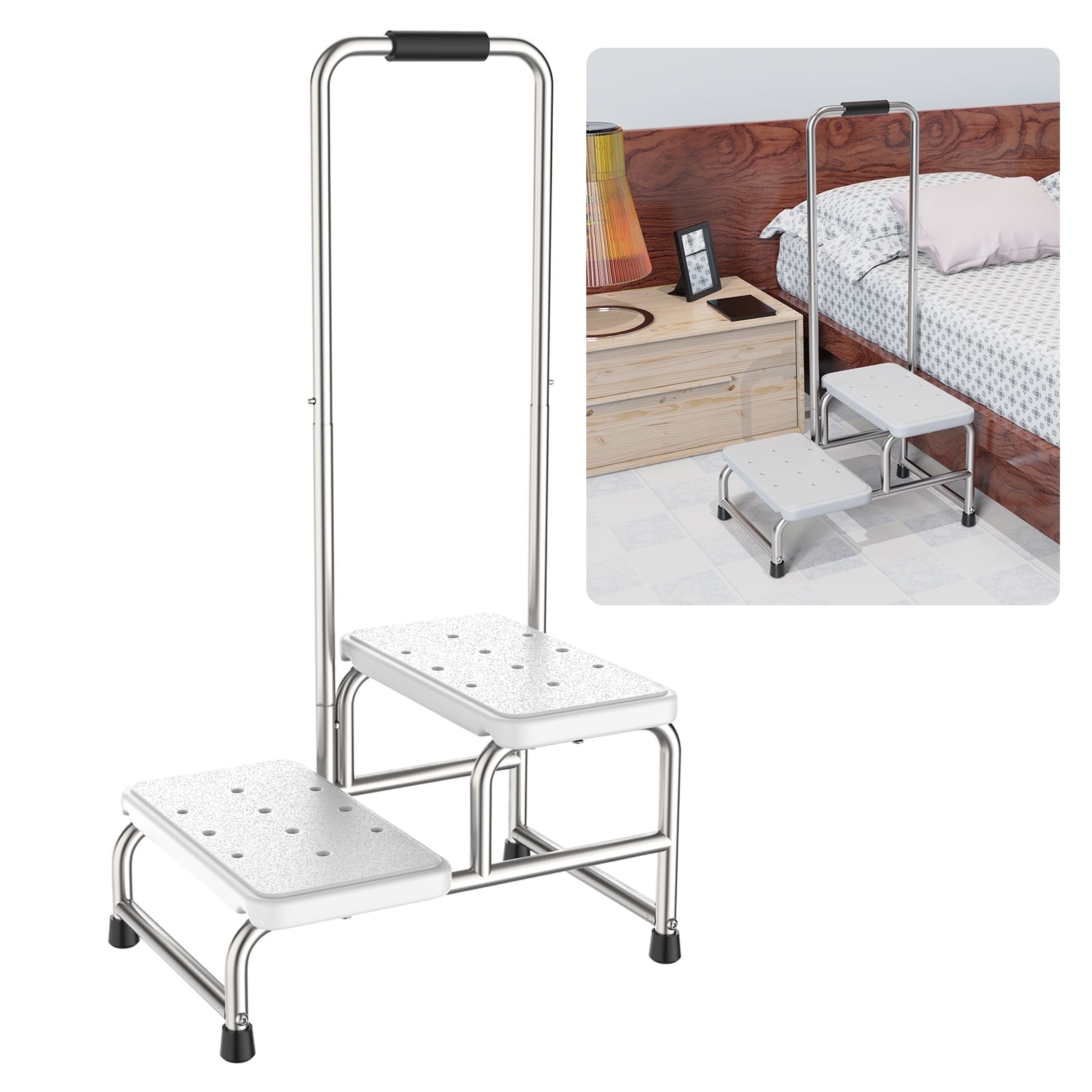 2-Step Stool with Handle for Elderly, ZUEXT Heavy Duty Bed Steps for High Beds with Adjustable Handrail & Non-Skid Platform, Foot Step Stool for Adults, Ideal for Bedside, Bathroom, Kitchen, and RV