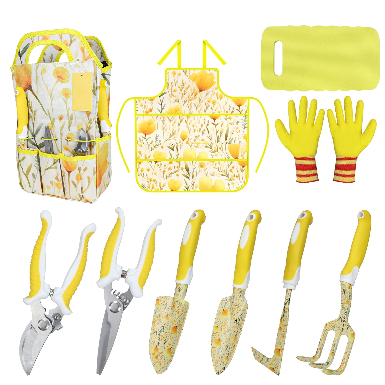 ZUEXT Yellow Garden Tool Sets 10-Piece, Heavy Duty Gardening Hand Tools with Non-Slip Ergonomic Handle, Flower Print Garden Tool Bag, Gardening Gifts for Women, Plant Lover Gifts for Mom Grandma