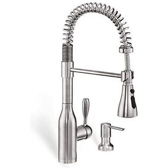 ZUHNE Flux Pull Out Industrial Spring Water Saving Single Lever Kitchen Sprayer Mixer Faucet and Through Counter Soap Dispenser, Spot Resist Stainless (Made in Europe)