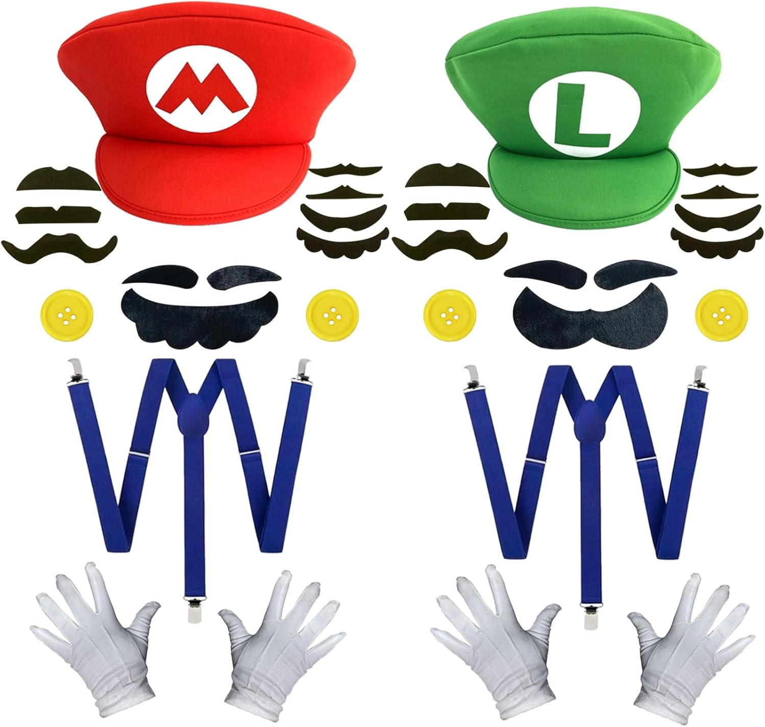 Kit Déguisement Super Mario Brothers - 28 Accessoires (Casquettes, Moustaches, Bretelles, Gants) - Adultes Et Enfants
