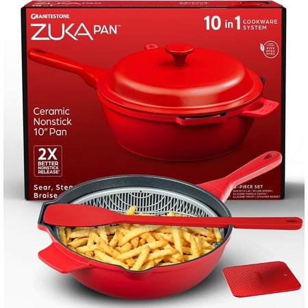 ZUKA Ceramic Pan by Granitestone, 10" Ceramic Deep Frying Pan Set with Steamer, Large Saute Pan with Lid, Everyday Pan Skillet, Non Toxic Pans for Cooking, Nonstick, Induction Oven & Dishwasher Safe