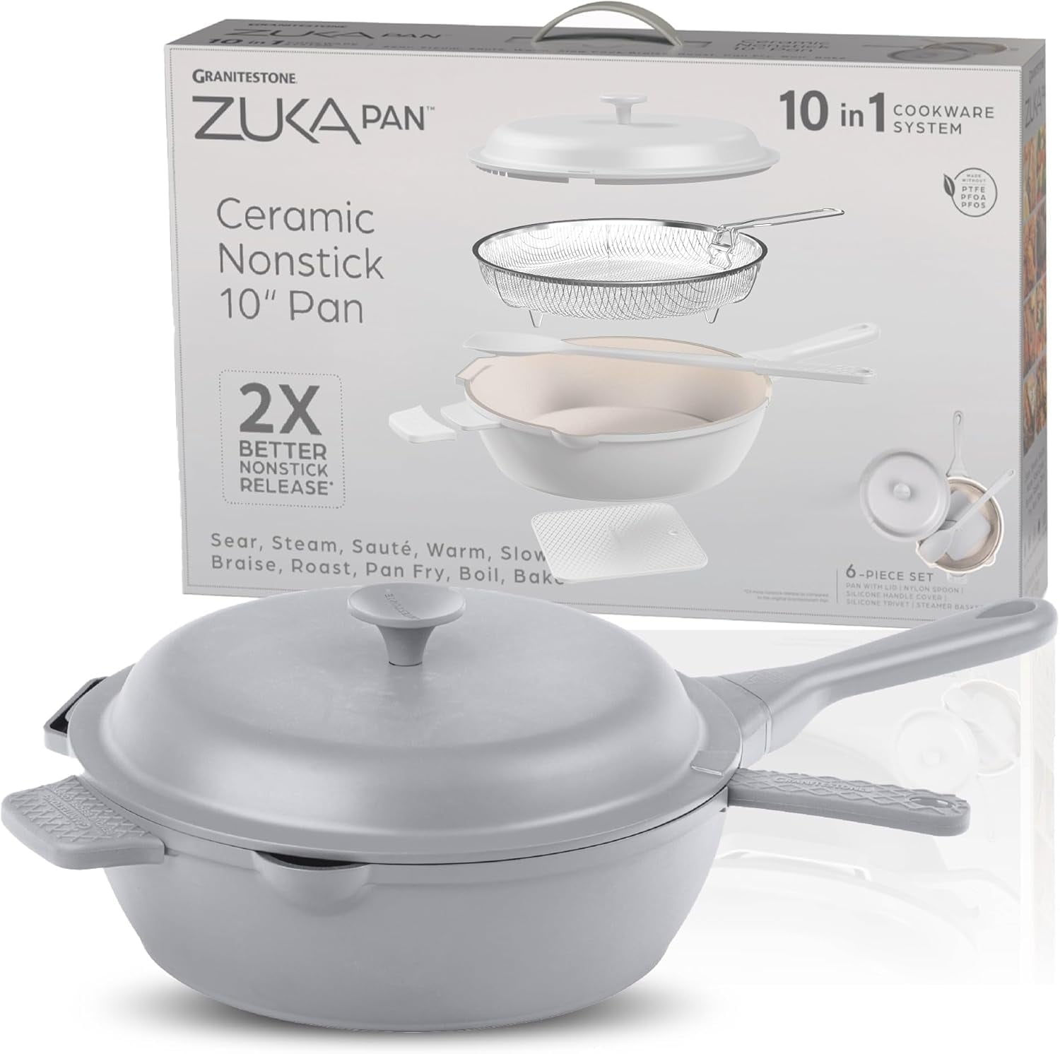 ZUKA Ceramic Pan by Granitestone 6 Pc Non Toxic Ceramic Deep