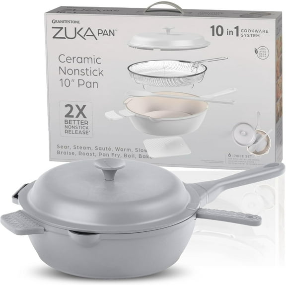 ZUKA Ceramic Pan by Granitestone 6 Pc Non Toxic Ceramic Deep Frying Pan Set with Steamer & Spatula, Everyday Pan Skillet, Non Toxic Pans for Cooking, Nonstick Induction, Oven & Dishwasher Safe Gray