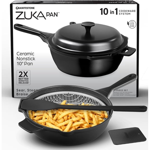 ZUKA Ceramic Pan by Granitestone, 6 Pc Non Toxic Ceramic Deep Frying Pan Set with Steamer & Spatula, Everyday Pan Skillet, Non Toxic Pans for Cooking, Nonstick Induction, Oven & Dishwasher Safe