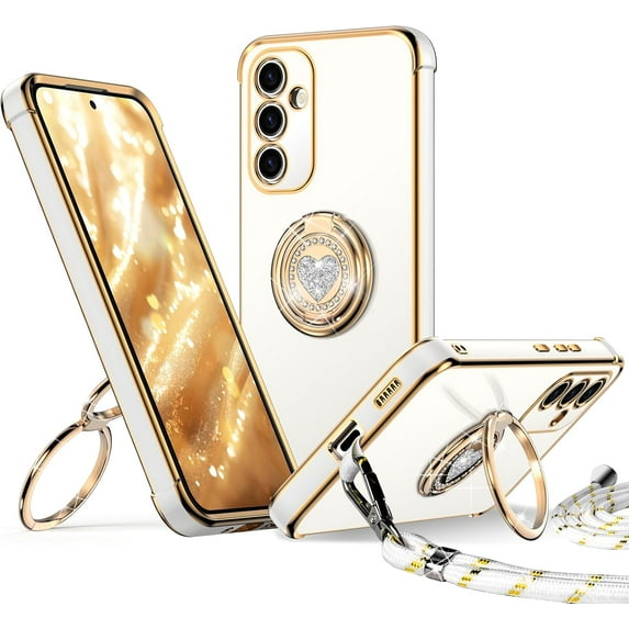 ZUKKASHAN for Samsung Galaxy S24 Case with Stand, Double Ring Holder Case Heart with Lanyard for Girls Women, Luxury Cute Bling Protective Phone Cover Case for Samsung S24