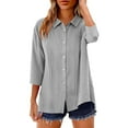 thumbnail image 1 of ZUKMRJPC 3/4 Length Sleeve Womens Tops Classic Button Down Collared Solid Color Shirts Lightweight Pleated Casual Loose Shirts, 1 of 7