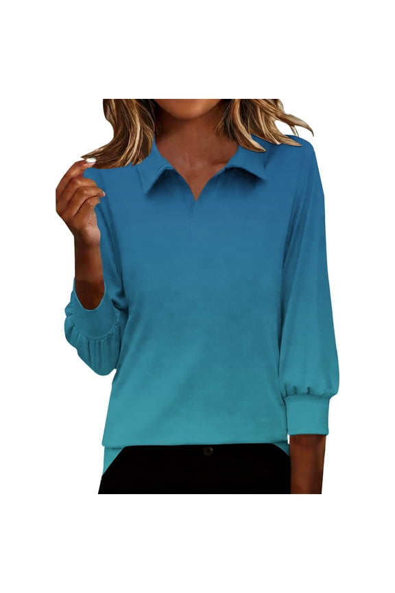 Blouses for Women 3/4 Length Sleeve Lapel Fashion Gradient Color Pullover Tops Spring Summer Basic Casual T Shirts