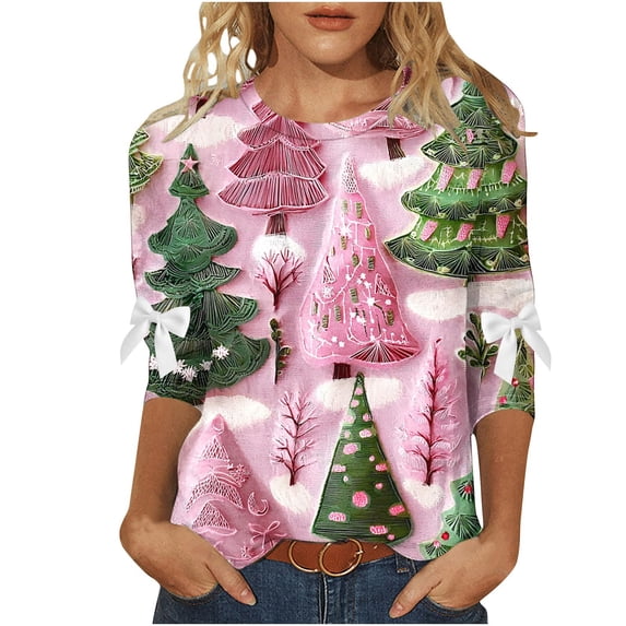 ZUKMRJPC Christmas Shirts for Women 3/4 Length Sleeve Fashion Printing Casual Crewneck Cute Bow Pullover Loose Fit Cotton T-Shirts