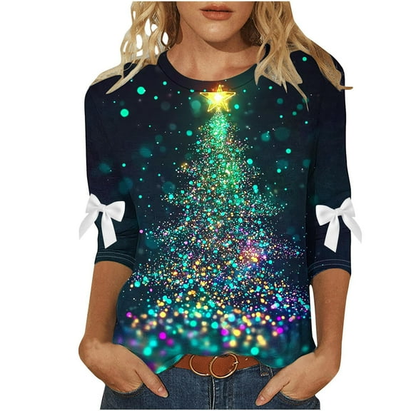 ZUKMRJPC Christmas Shirts for Women 3/4 Length Sleeve Fashion Printing Casual Crewneck Cute Bow Pullover Loose Fit Cotton T-Shirts