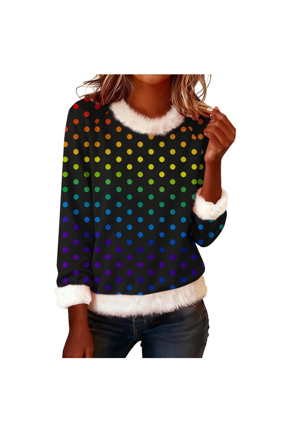 Christmas Sweaters for Women Fur Collared Fashion Colorful Wave Point Pullover Casual Soft Comfy Long Sleeve Party Holiday Tops