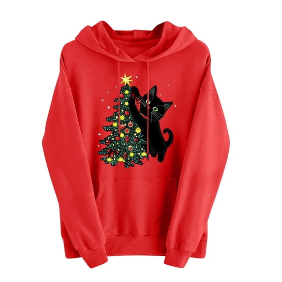 ZUKMRJPC Christmas Sweatshirt for Women Long Sleeve Drawstring Cute Christmas Print Hooded Pullover Fall Winter Comfy Fleece Tops with Pocket