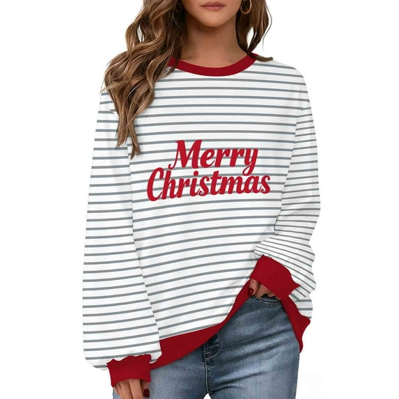 ZUKMRJPC Christmas Sweatshirt for Women and Men Long Sleeve Fashion Striped Print Crewneck Sweatshirts Holiday Comfy Fleece Lined Tops