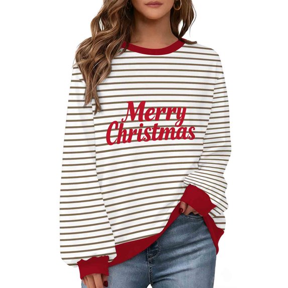 ZUKMRJPC Christmas Sweatshirt for Women and Men Long Sleeve Fashion Striped Print Crewneck Sweatshirts Holiday Comfy Fleece Lined Tops