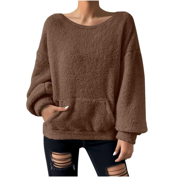 ZUKMRJPC Double-Side Fleece Sweatshirts for Womens Oversized Casual Crewneck Solid Color Pullover Sweater Soft Comfy Tops with Pocket