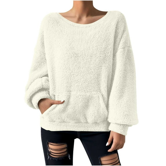 ZUKMRJPC Double-Side Fleece Sweatshirts for Womens Oversized Casual Crewneck Solid Color Pullover Sweater Soft Comfy Tops with Pocket