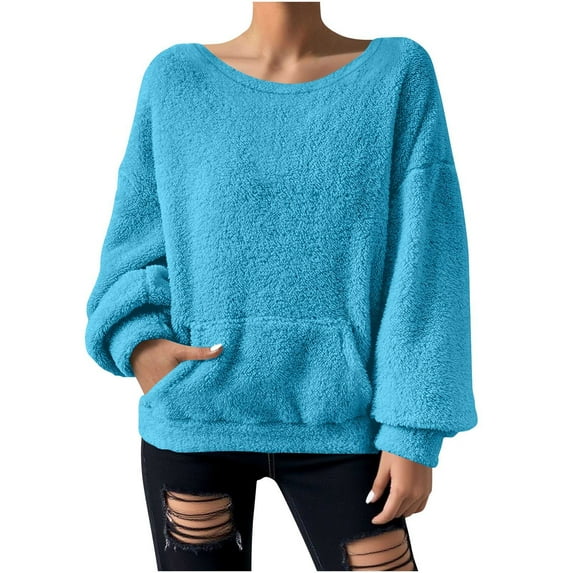 ZUKMRJPC Double-Side Fleece Sweatshirts for Womens Oversized Casual Crewneck Solid Color Pullover Sweater Soft Comfy Tops with Pocket