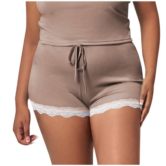 ZUKMRJPC Dressy Sleepwear Shorts for Women Sexy Lace Hem Patchwork Shorts Drawstring High Waisted Knitted Ribbed Pajama Shorts