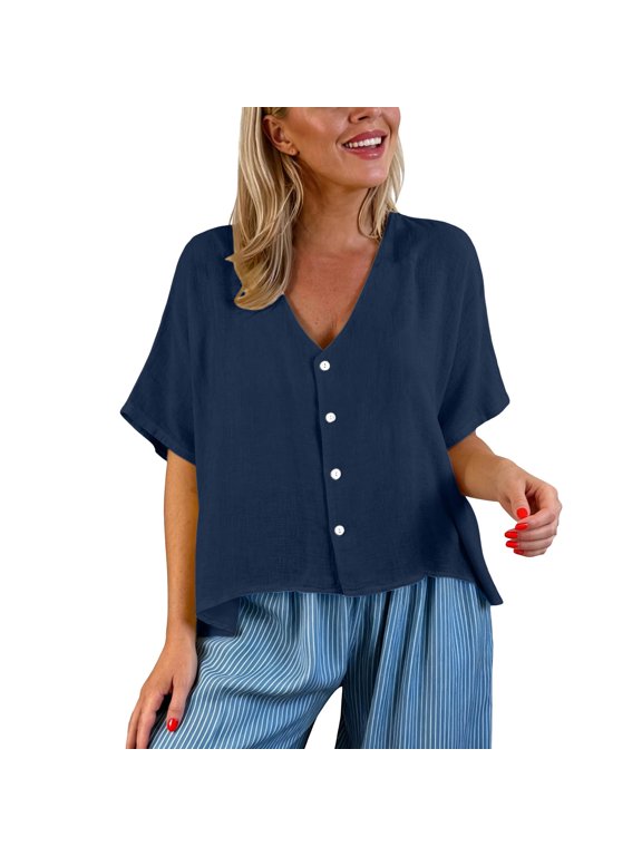 Flowy Button Down Sirts Womens 2026 Summer Plain Short Sleeve V Neck Tops Cotton Linen Beach Clothes Lightweight Tunic