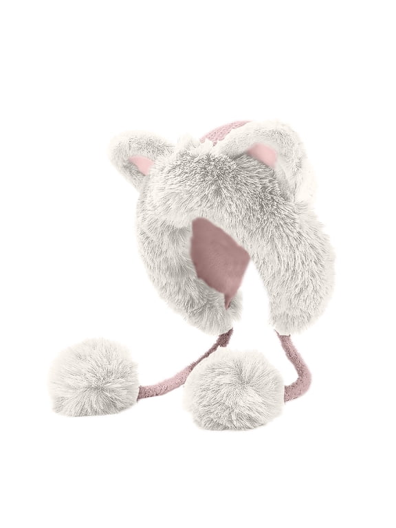 Fluffy Knit Beanie Hats for Women Cute Faux Fur Cat Ears Hat Winter Warm Fleece Earflaps Snow Hat with Drawstring Pompom