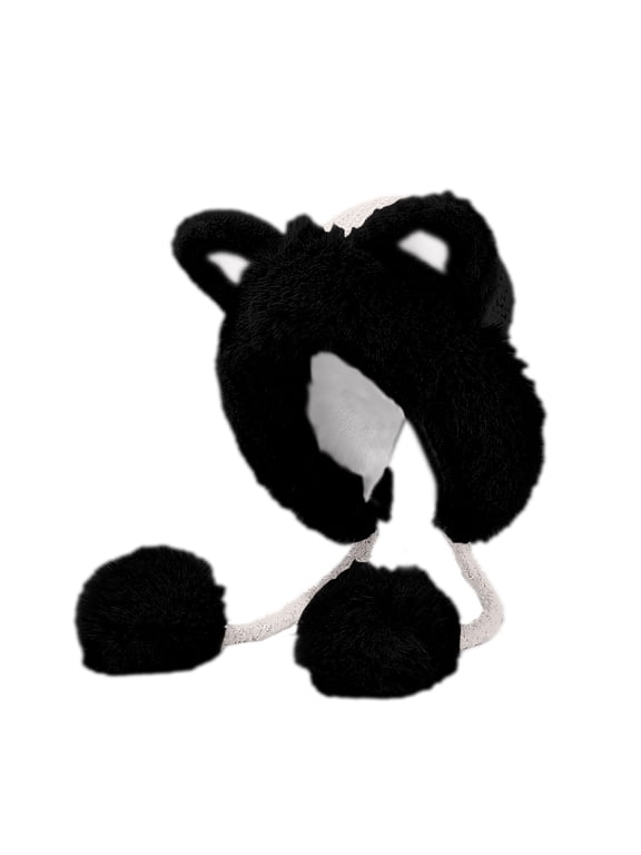 Fluffy Knit Beanie Hats for Women Cute Faux Fur Cat Ears Hat Winter Warm Fleece Earflaps Snow Hat with Drawstring Pompom