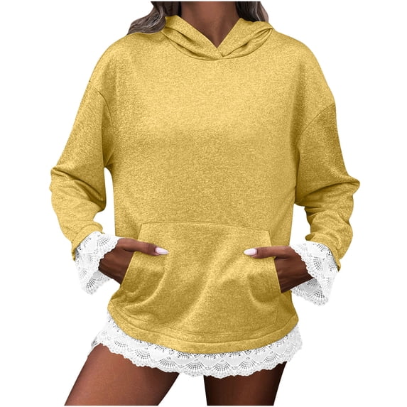 ZUKMRJPC Hoodies for Women Casual Lightweight Patchwork Lace Hooded Sweatshirts Fall Fashion Comfy Solid Color Pullover Tops with Pocket