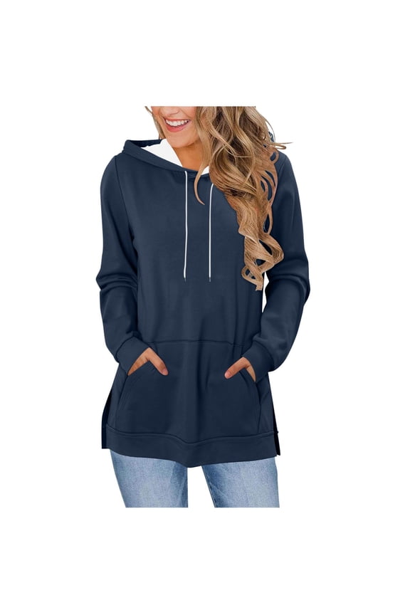 Hoodies for Women Fashion Split Hem Long Sleeve Drawstring Casual Hooded Sweatshirts Fall Comfy Pullover Tops with Pockets