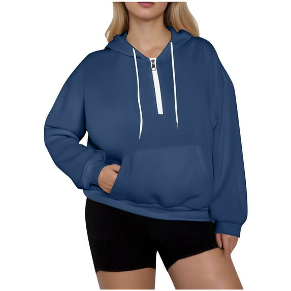 ZUKMRJPC Hoodies for Women Half Zip Solid Color Oversized Hooded Sweatshirts Fleece Lined Drawstring Casual Pullover Tops with Pocket