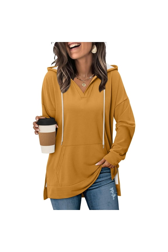 Hoodies for Women Long Sleeve Fashion Split Hem Drawstring Hooded Sweatshirts Casual Solid Color Tunic Tops Pullover with Pocket