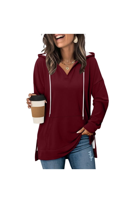 Hoodies for Women Long Sleeve Fashion Split Hem Drawstring Hooded Sweatshirts Casual Solid Color Tunic Tops Pullover with Pocket