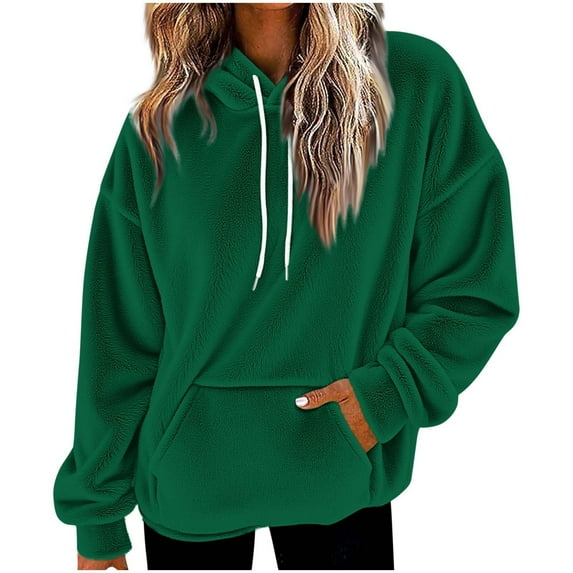 ZUKMRJPC Hoodies for Women Solid Color Oversized Flannel Hooded Sweatshirts Fall Fashion Drawstring Casual Pullover Tops with Kangaroo Pocket