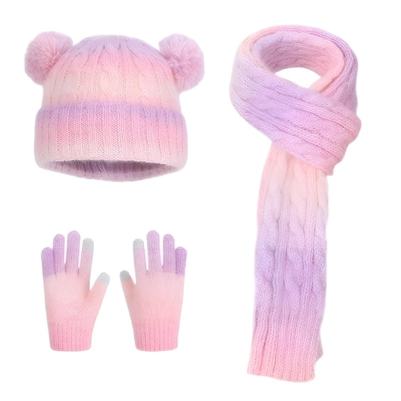 ZUKMRJPC Kids Winter Hat Scarf Gloves Set Cute Colorful Winter Knit Beanie Hat Touchscreen Gloves Warm Neck Scarf with Double Pompom