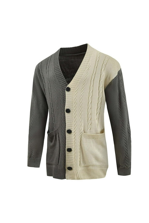 Knitted Sweater for Men Casual Lightweight Long Sleeve V-Neck Patchwork Color Block Button Cardigan Sweater with Pockets