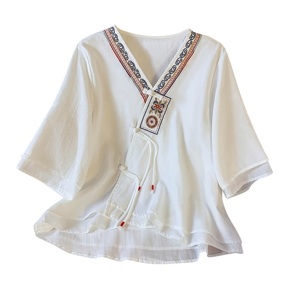 ZUKMRJPC Ladies Fashion Tunic Tops Workout 3/4 Sleeve Summer Solid Color Shirts Linen Chinese Frog V Neck Loose Fit Clothes