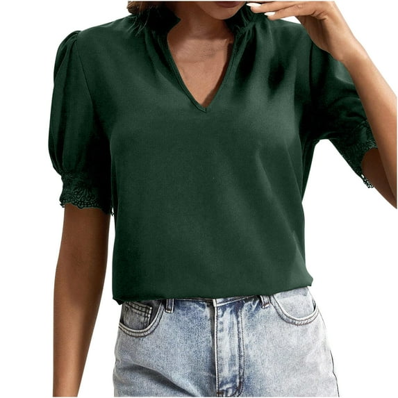 ZUKMRJPC Ladies Going Out Summer Tee Puff Sleeve Ruffle V Neck Loose Fit Blouses Classic Solid Color Short Sleeve Casual Tunic Tops