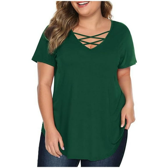 ZUKMRJPC Ladies V Neck Solid Color Shirts Plus Size Cruise Spring Short Sleeve Blouses Criss Cross Loose Fit Casual Tee