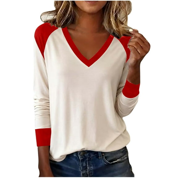 ZUKMRJPC Long Sleeve Shirts for Women Patchwork V Neck Pullover Tees Fall Fashion Lightweight Loose Fit Cotton Basic Tunic Tops