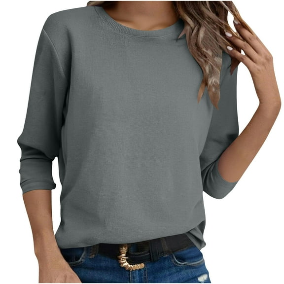 ZUKMRJPC Long Sleeve Shirts for Women Solid Color Casual Waffle Knitted Textured Pullover Tees Fall Fashion Slim Fit Crewneck Basic Tops