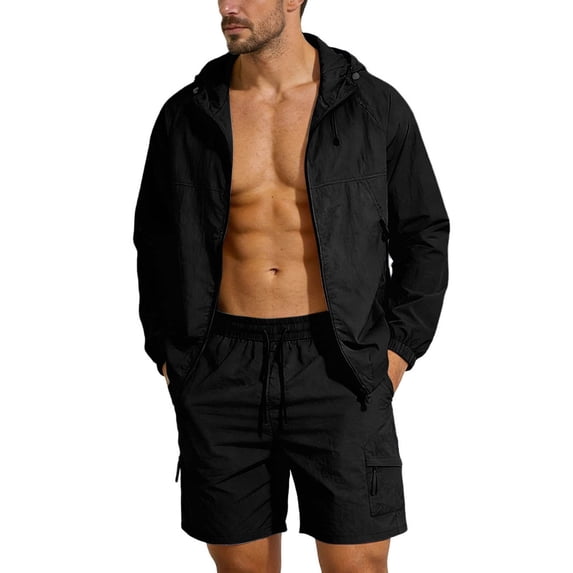 ZUKMRJPC Men's 2 Piece Tracksuits Long Sleeve Full Zip Jacket and Shorts Sets Casual Lightweight Vacation Sun Protection Sets with Pocket