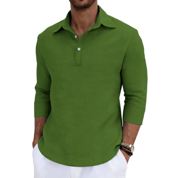 ZUKMRJPC Men's 3/4 Sleeve Linen Shirts Classic Casual 3 Buttons Collared Pullover Solid Color Lightweight Summer Beach Vacation Tops