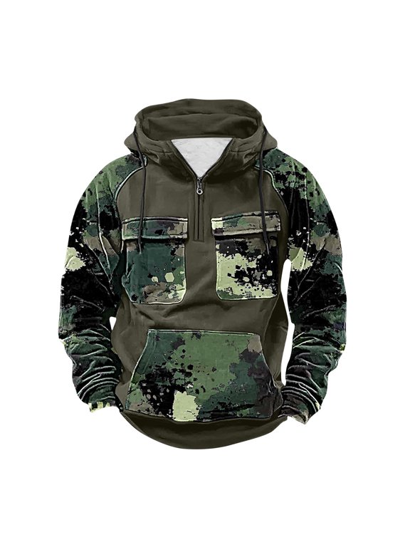 Men's Cargo Hoodie Quarter Zip Casual Workwear Pullover Warm Fleece Lined Military Tactical Sweatshirt with Multi Pockets
