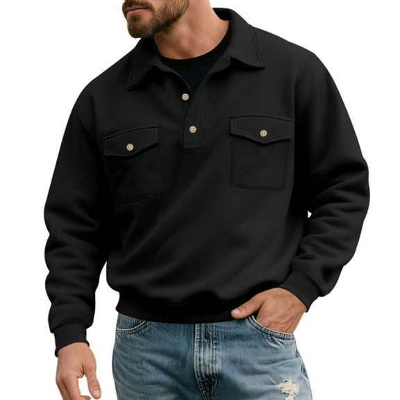 ZUKMRJPC Men's Casual Fleece Sweatshirt Long Sleeve Lapel Button Down Pullover Sweatshirt Fall Lightweight Comfy Work Tops with Pockets
