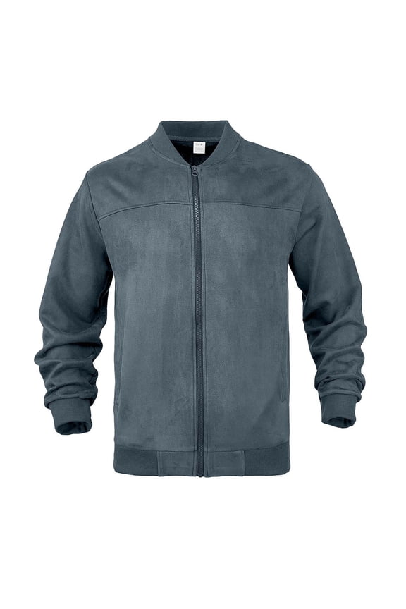 Men's Casual Suede Bomber Jacket Full Zip Stand Collar Lightweight Jackets Solid Color Vintage Flight Jacket with Pockets